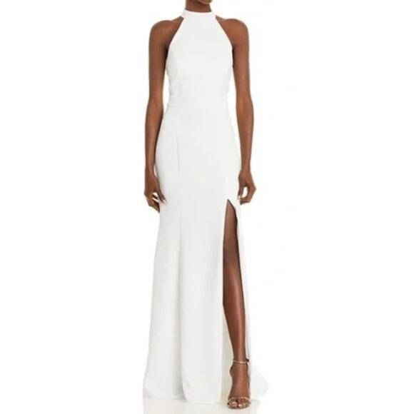AQUA sz 10 L Ivory White Halter Sleeveless Fluted Crepe Maxi Dress Gown NWT B106 - Picture 1 of 7